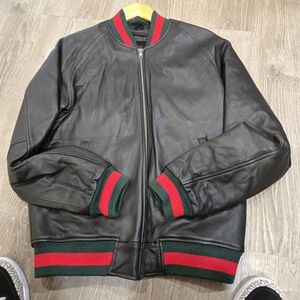 Black Leather Bomber Jacket with Red and Green Accents